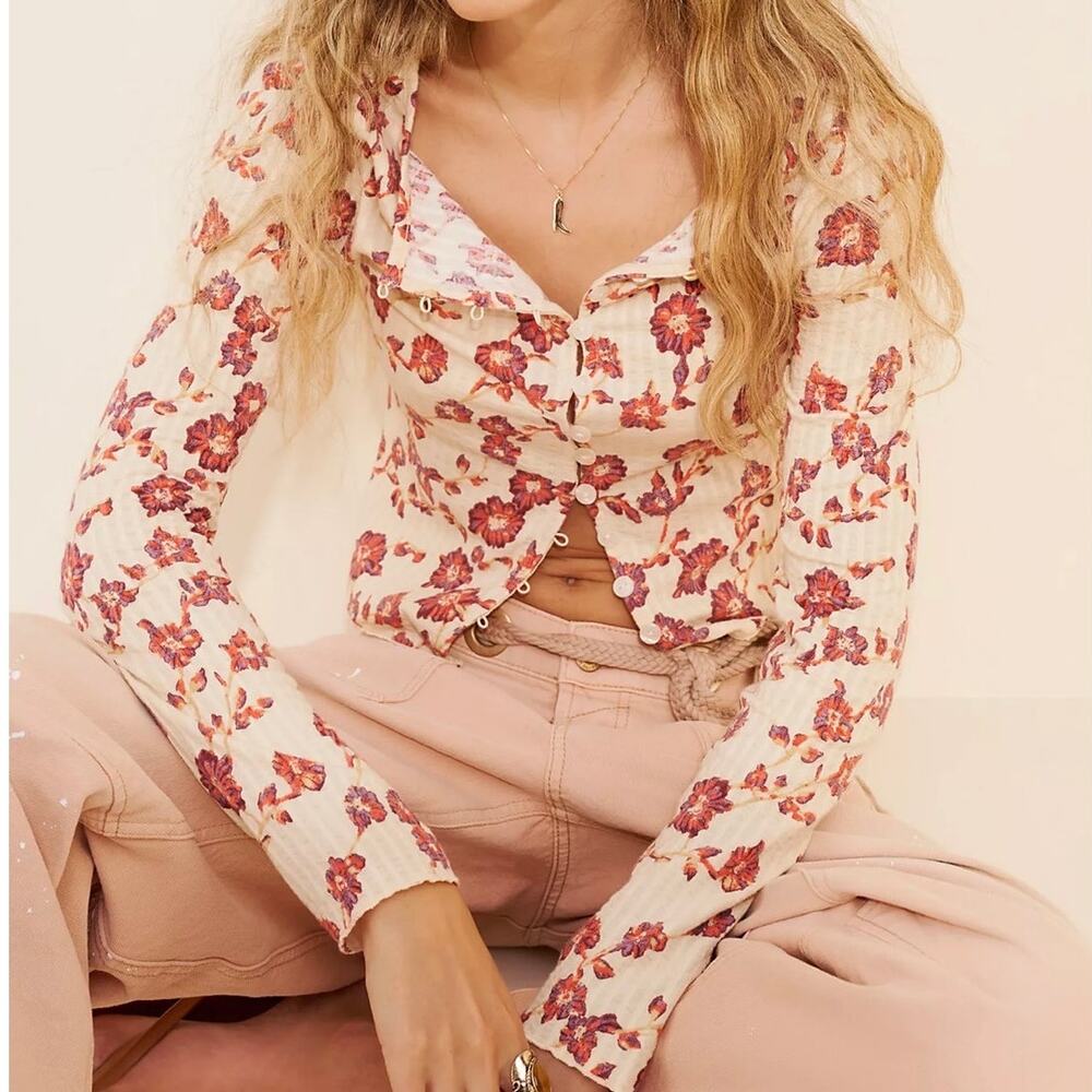 NEW Free People Tilly Tea Combo Ivory Floral Button Cotton Long Sleeve Top XS - Picture 3 of 9